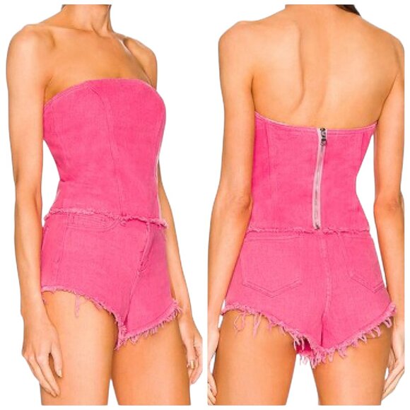 Superdown Strapless Pink Denim Bustier Tube Top Raw Hem Sz Small - Picture 1 of 7
